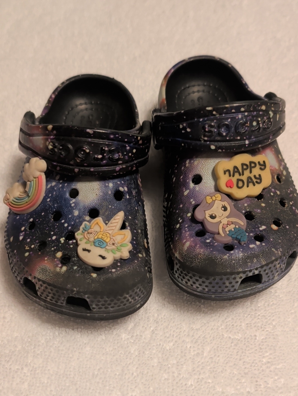 Crocs Galaxy Print Clogs with Cute Charms - Purple/Black